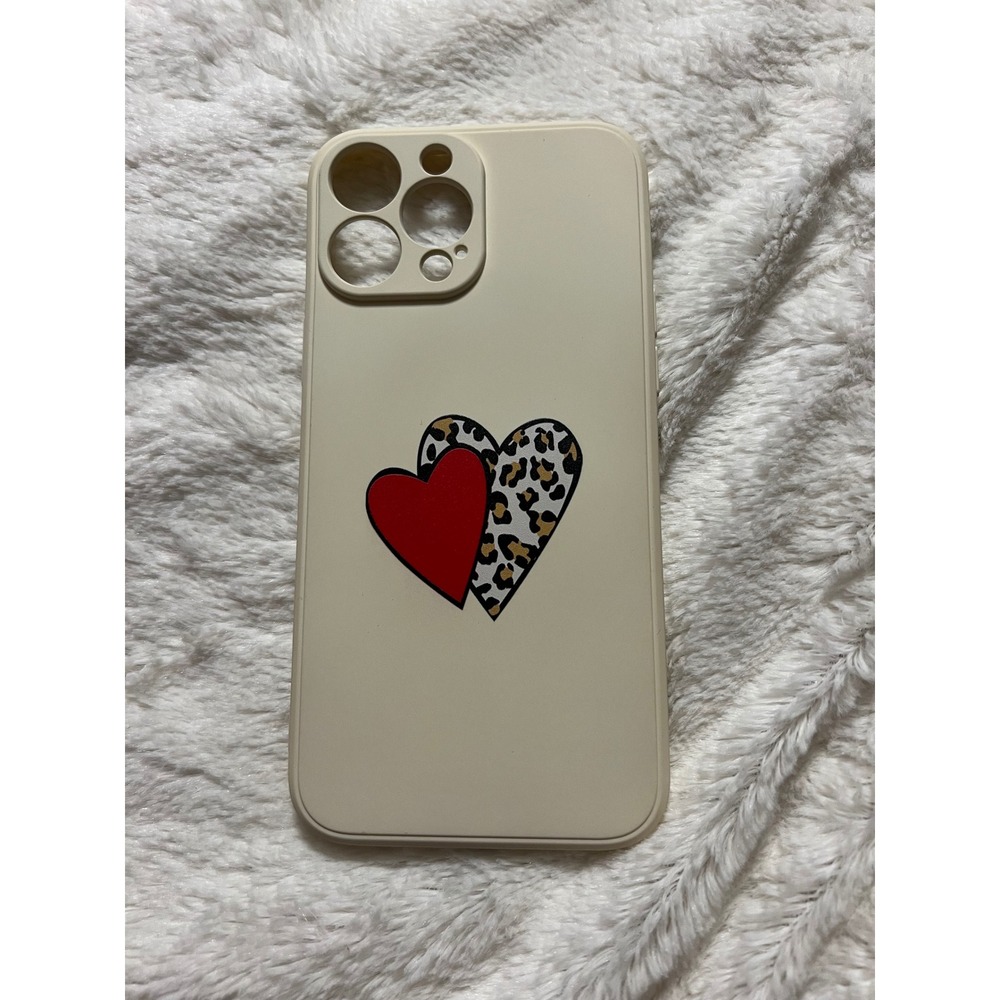 iPhone 13 Pro Max Case Cream Beige Double Heart Leopard Print
